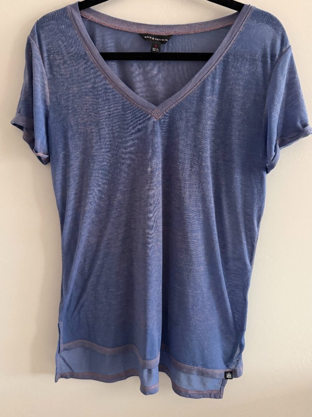 Rock & Republic vintage burnout blue v neck t-shirt womens size medium sheer